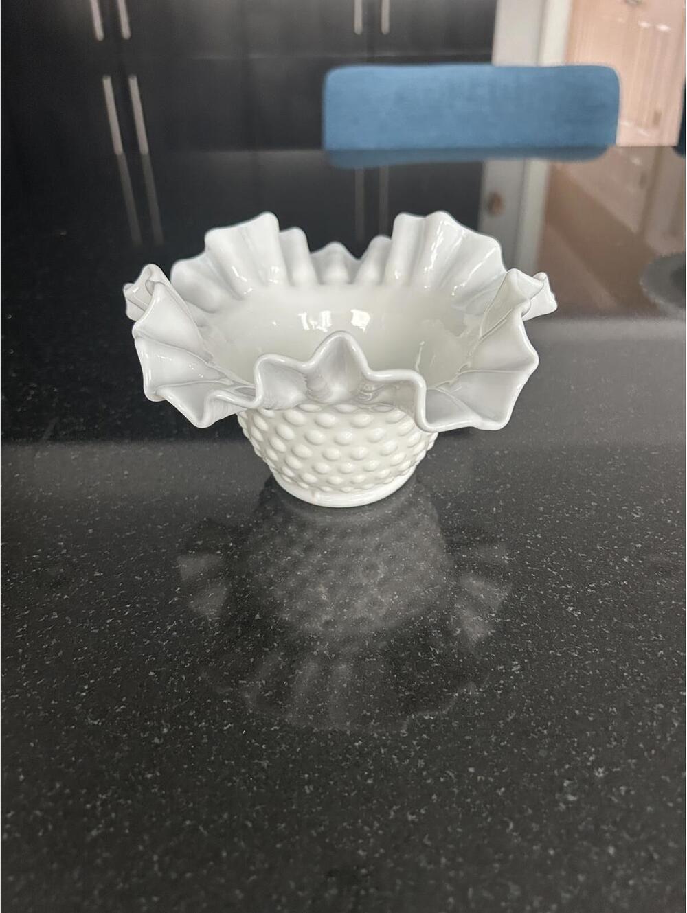 Vintage USA Fenton milk glass hobnail bowl white rufflededge